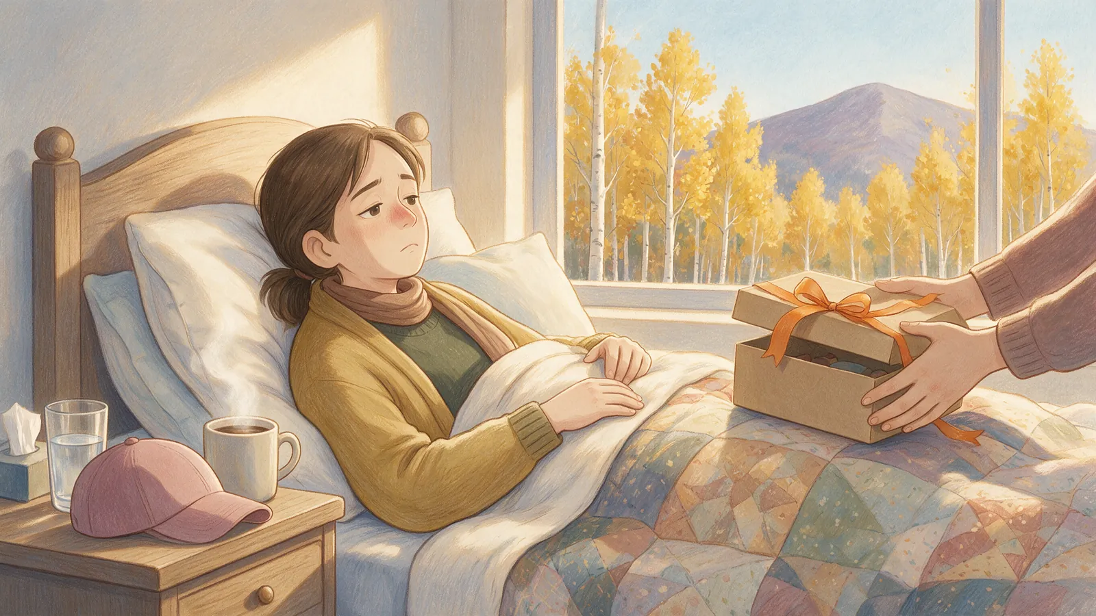 She rests in bed while a friend sets a kraft gift box on her quilt