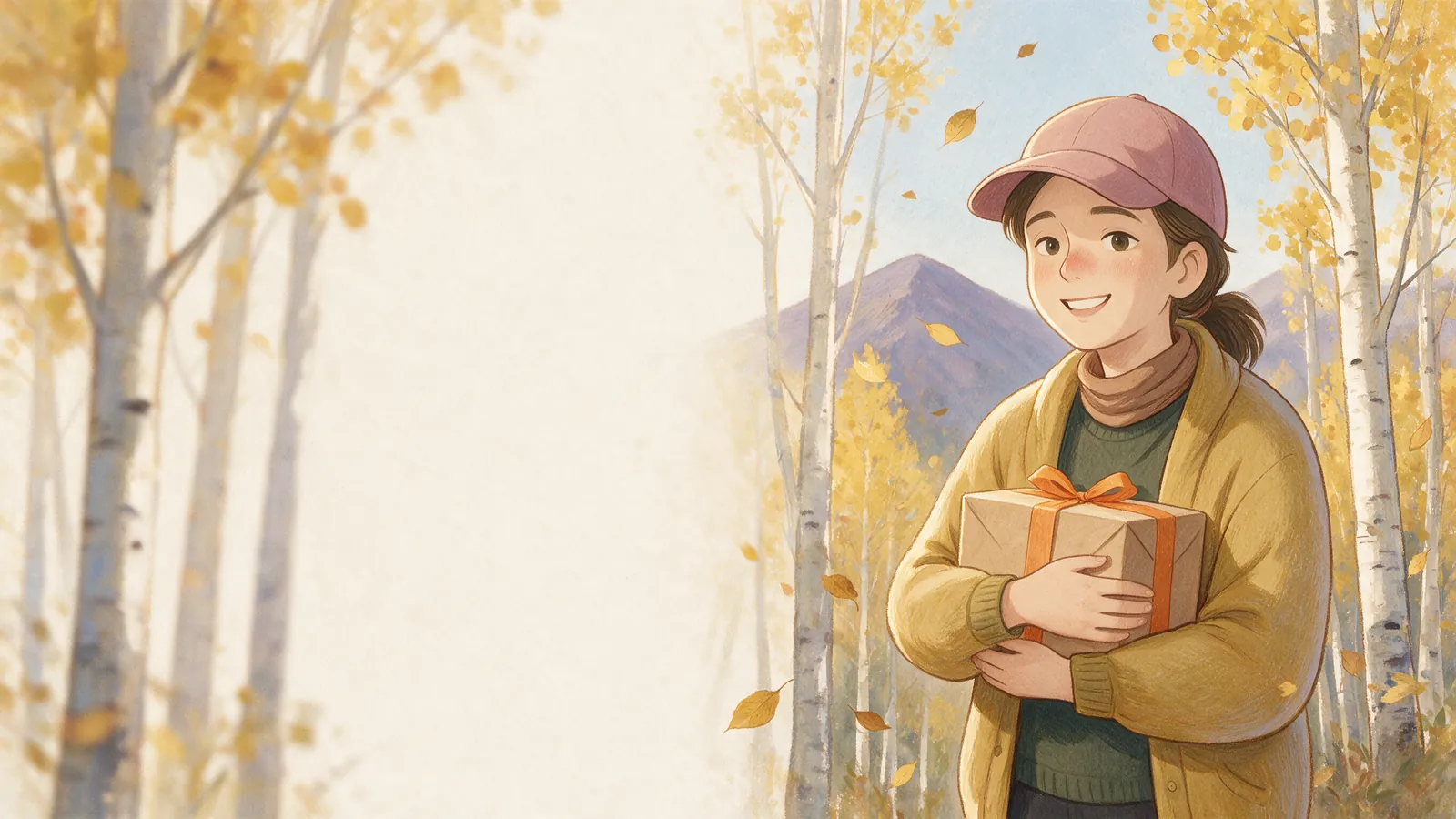 She stands well and smiling among the aspens, holding a kraft gift box