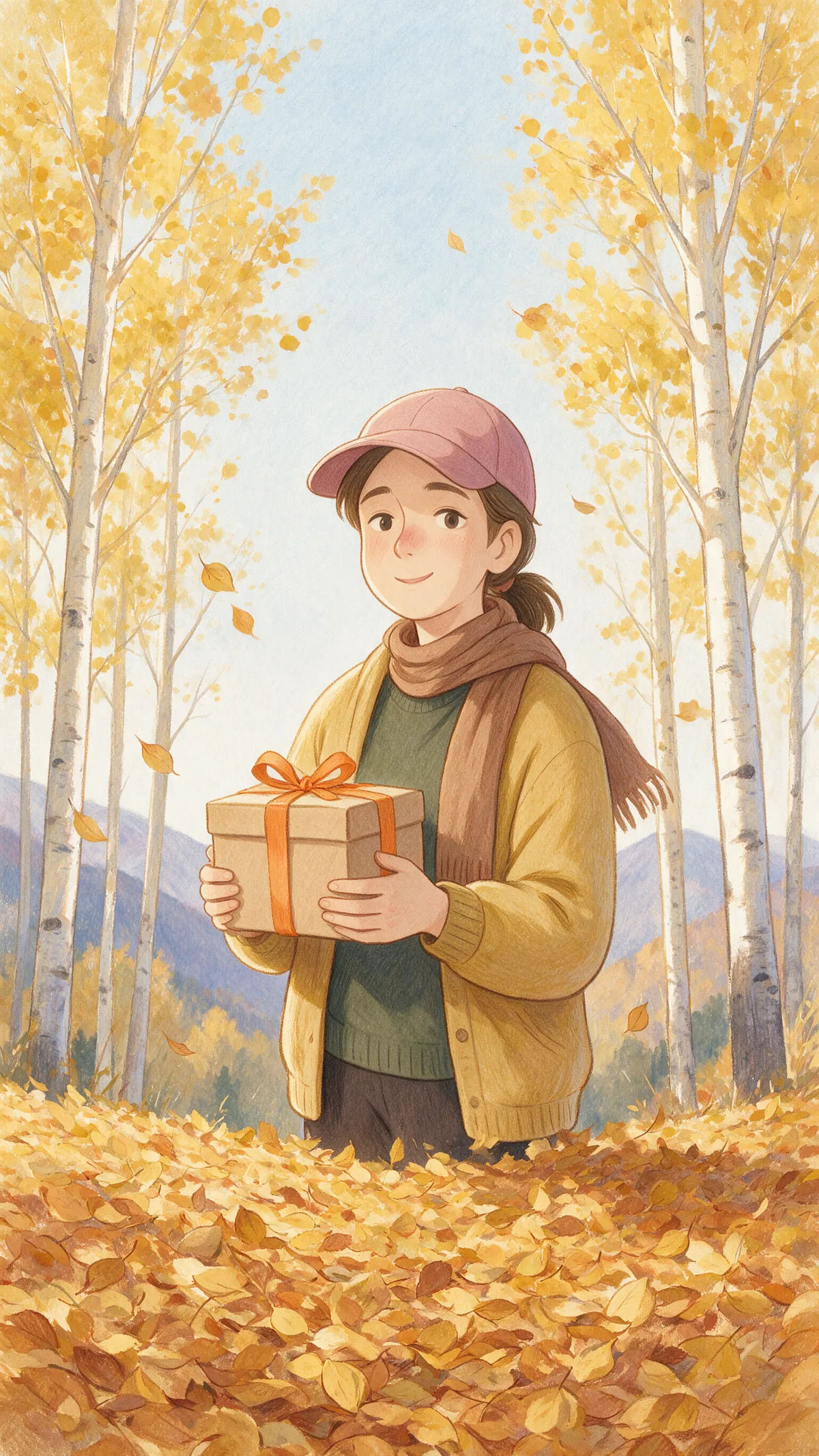 She stands well and smiling among the aspens, holding a kraft gift box