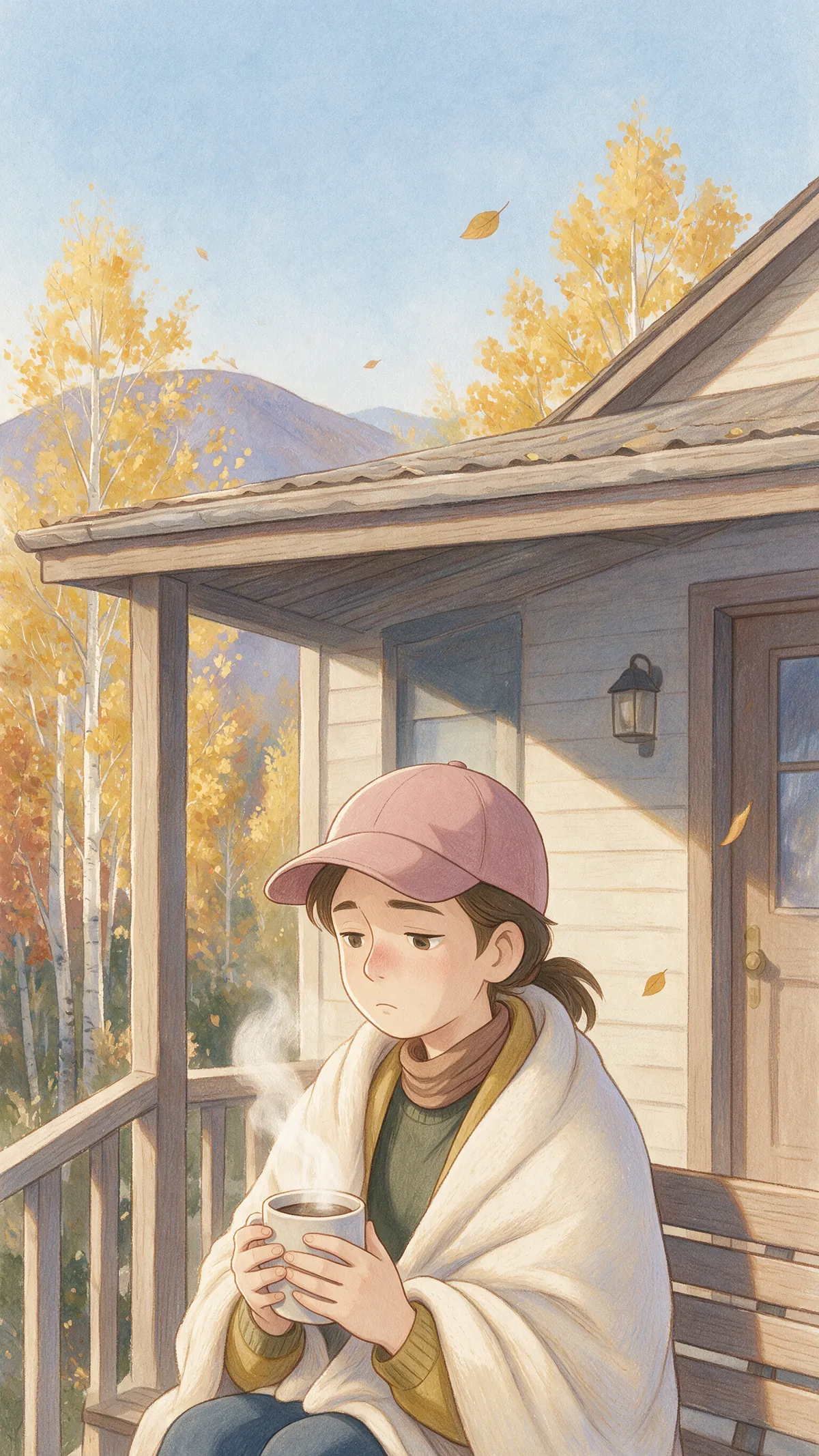 She sits on her porch wrapped in a blanket with a mug of tea
