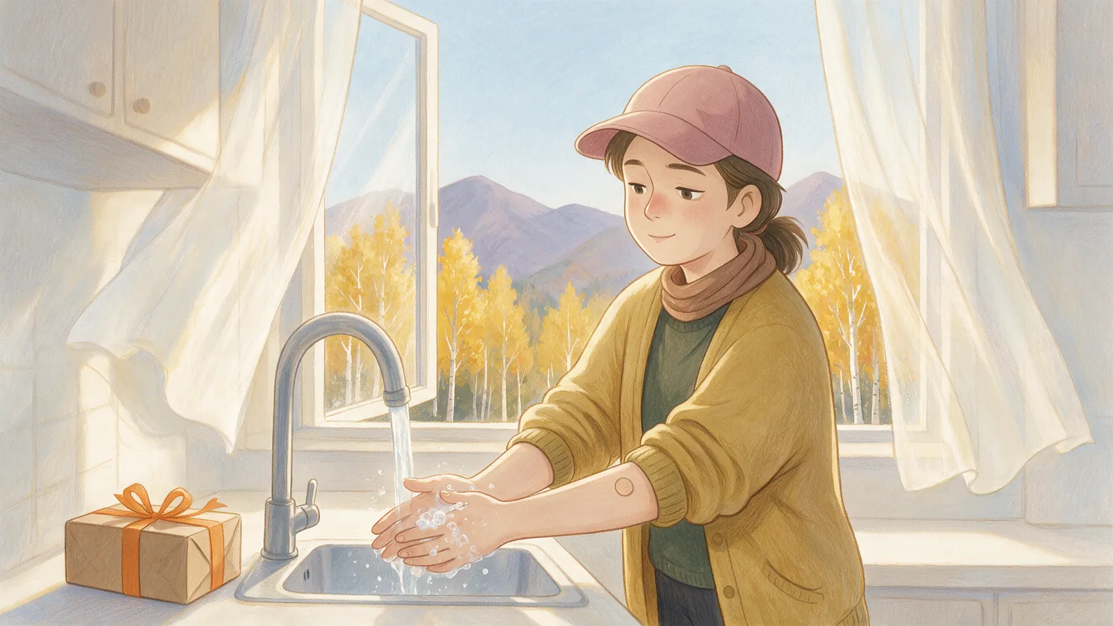 She washes her hands at the kitchen sink by an open window